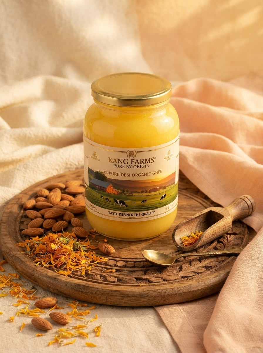 A premium jar of Kang Farms A2 Desi Ghee displayed on a wooden table with marigold petals and almonds in a warm-toned setting